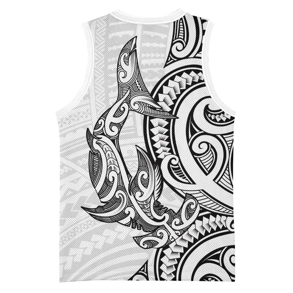 New Zealand Hammerhead Shark Basketball Jersey Maori Haehae Mangopare White - Polynesian Pride
