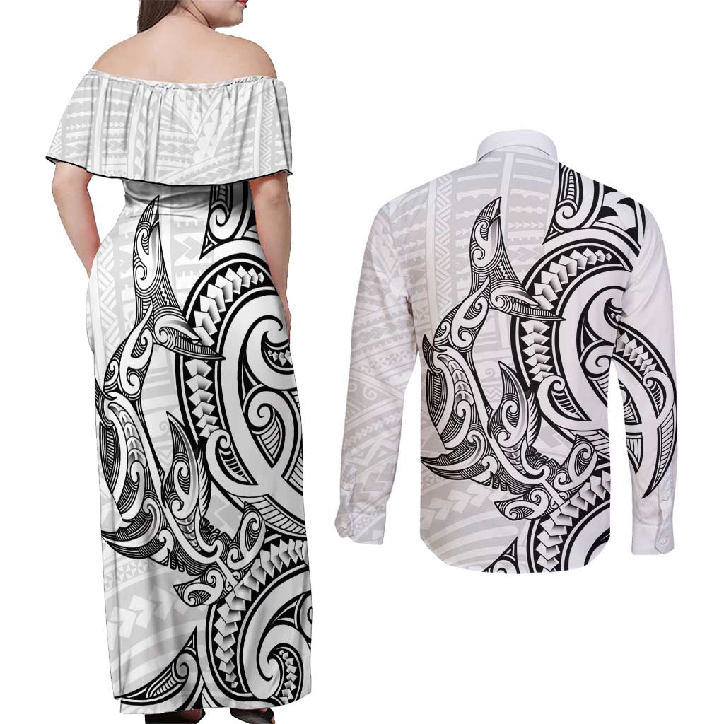 New Zealand Hammerhead Shark Couples Matching Off Shoulder Maxi Dress and Long Sleeve Button Shirt Maori Haehae Mangopare White - Polynesian Pride