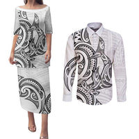 New Zealand Hammerhead Shark Couples Matching Puletasi and Long Sleeve Button Shirt Maori Haehae Mangopare White - Polynesian Pride