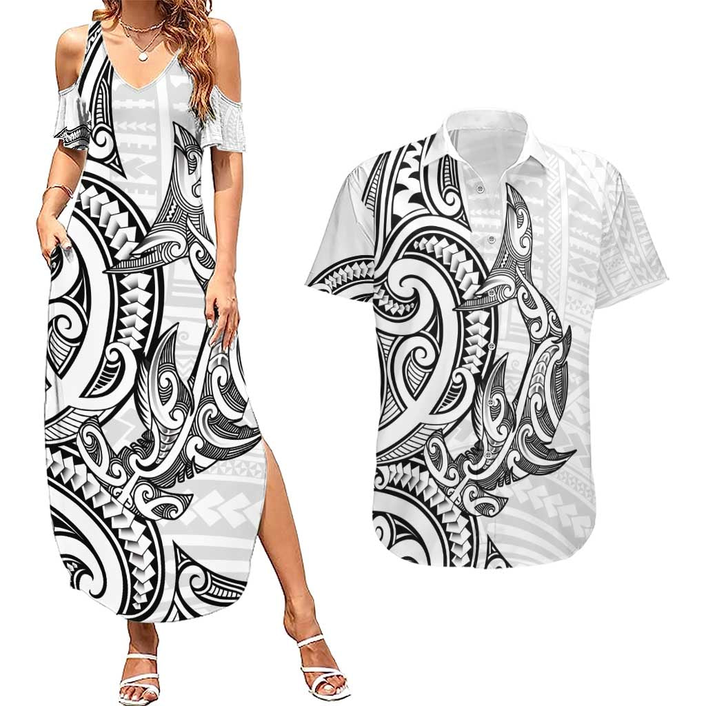 New Zealand Hammerhead Shark Couples Matching Summer Maxi Dress and Hawaiian Shirt Maori Haehae Mangopare White - Polynesian Pride