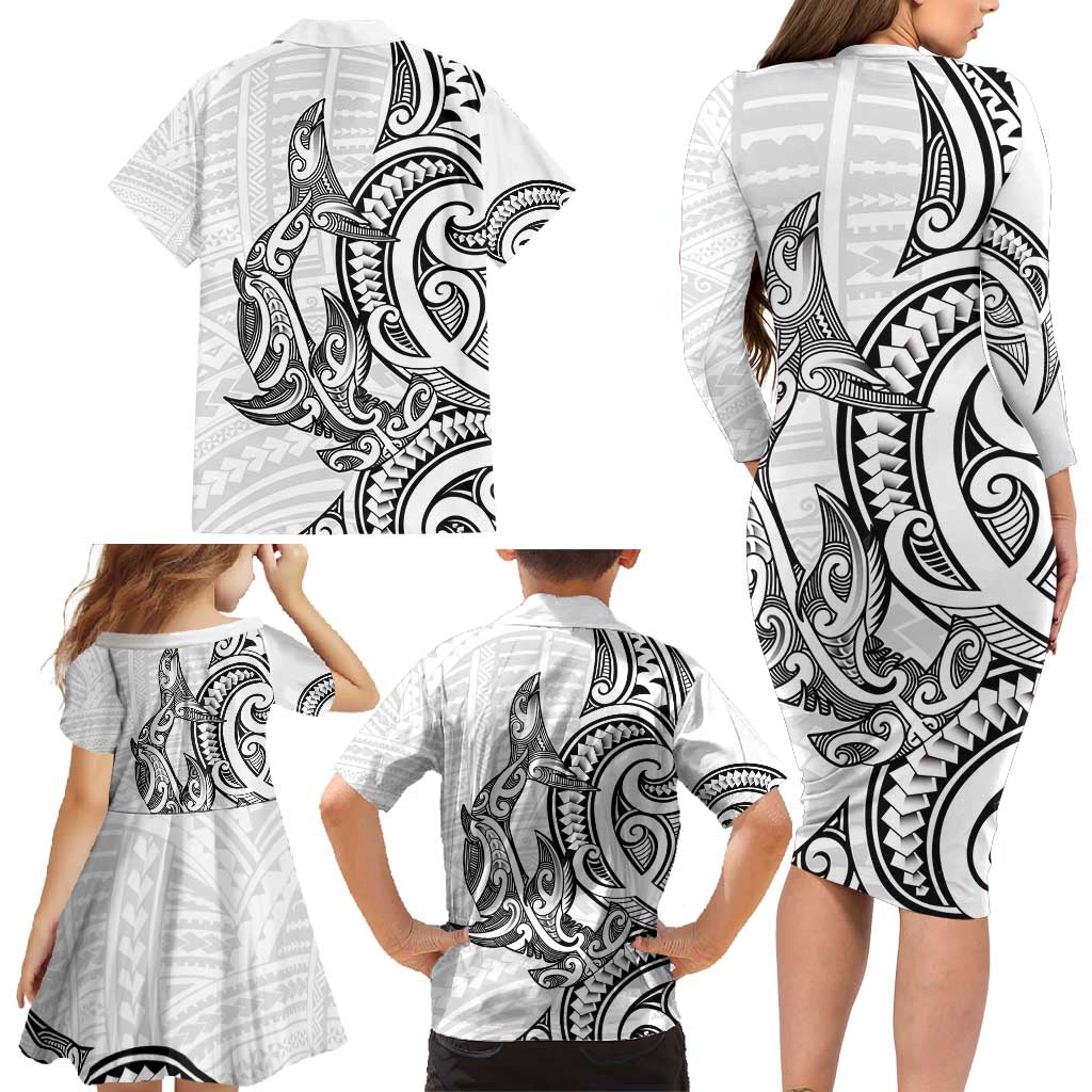 New Zealand Hammerhead Shark Family Matching Long Sleeve Bodycon Dress and Hawaiian Shirt Maori Haehae Mangopare White - Polynesian Pride
