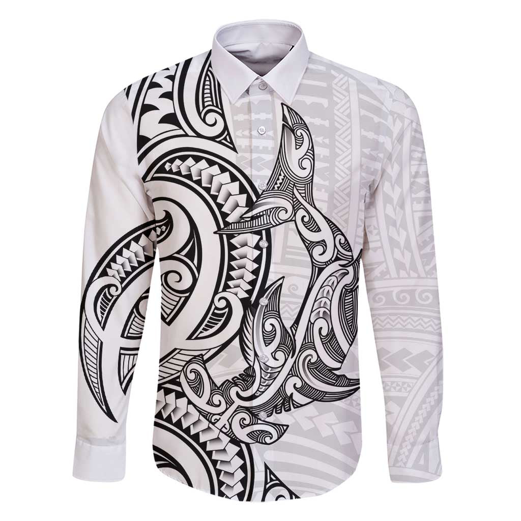 New Zealand Hammerhead Shark Family Matching Long Sleeve Bodycon Dress and Hawaiian Shirt Maori Haehae Mangopare White - Polynesian Pride