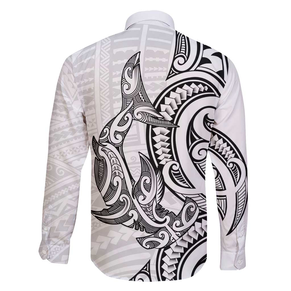 New Zealand Hammerhead Shark Family Matching Long Sleeve Bodycon Dress and Hawaiian Shirt Maori Haehae Mangopare White - Polynesian Pride