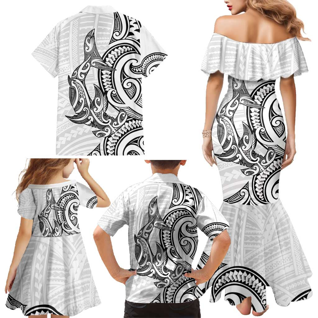 New Zealand Hammerhead Shark Family Matching Mermaid Dress and Hawaiian Shirt Maori Haehae Mangopare White - Polynesian Pride