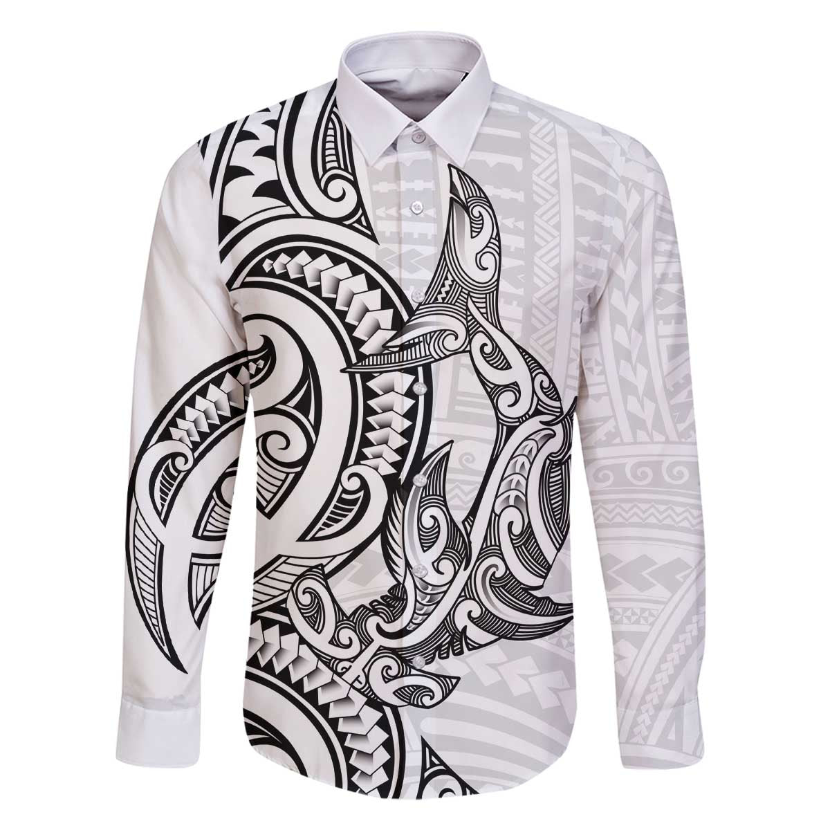 New Zealand Hammerhead Shark Family Matching Off The Shoulder Long Sleeve Dress and Hawaiian Shirt Maori Haehae Mangopare White - Polynesian Pride