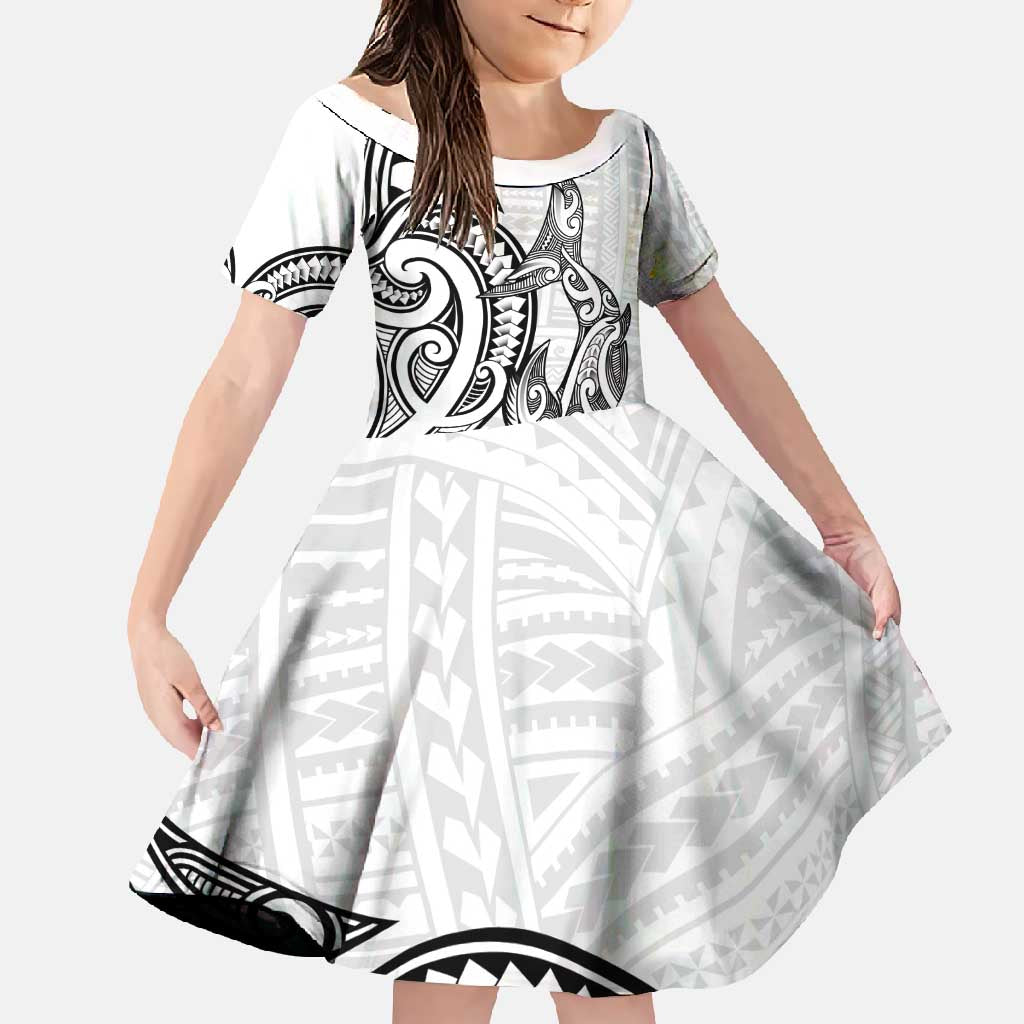 New Zealand Hammerhead Shark Family Matching Off Shoulder Maxi Dress and Hawaiian Shirt Maori Haehae Mangopare White - Polynesian Pride
