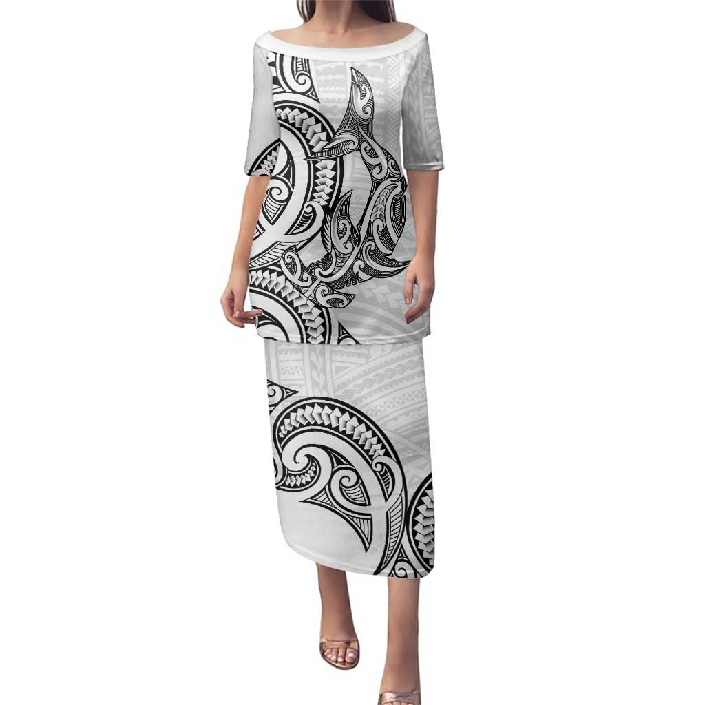 New Zealand Hammerhead Shark Family Matching Puletasi and Hawaiian Shirt Maori Haehae Mangopare White - Polynesian Pride
