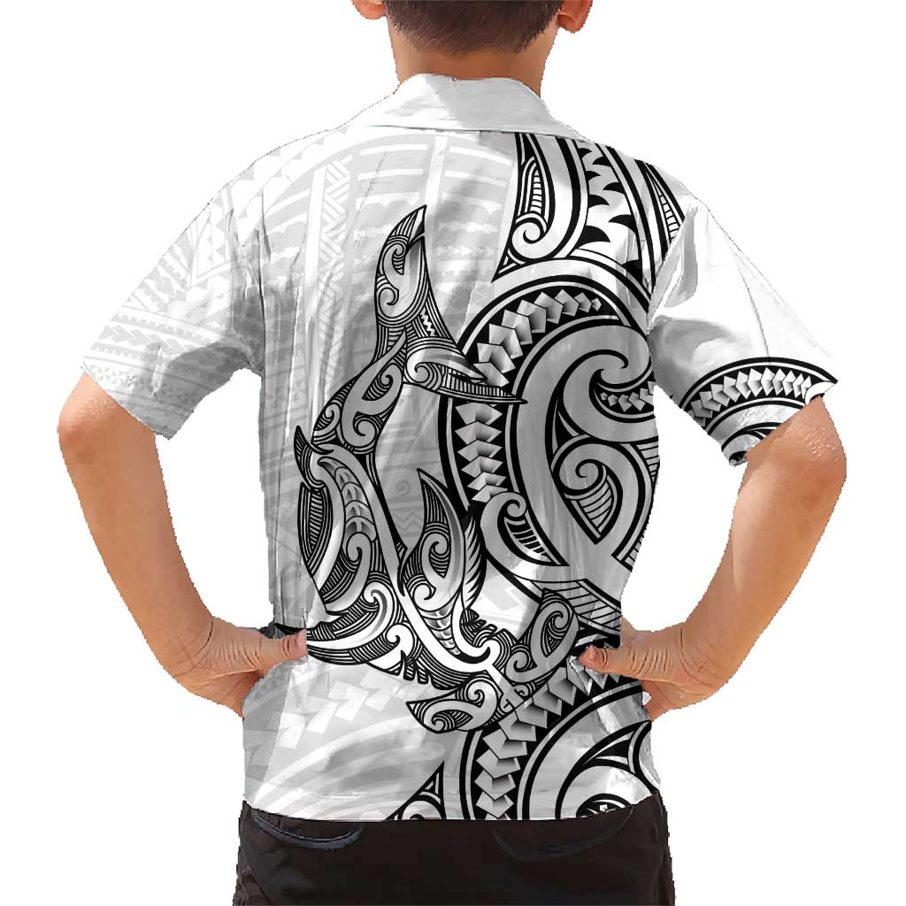 New Zealand Hammerhead Shark Family Matching Short Sleeve Bodycon Dress and Hawaiian Shirt Maori Haehae Mangopare White - Polynesian Pride