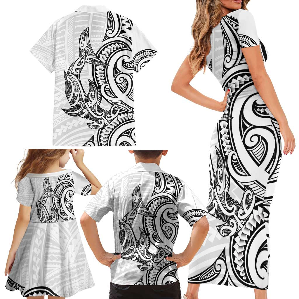 New Zealand Hammerhead Shark Family Matching Short Sleeve Bodycon Dress and Hawaiian Shirt Maori Haehae Mangopare White - Polynesian Pride
