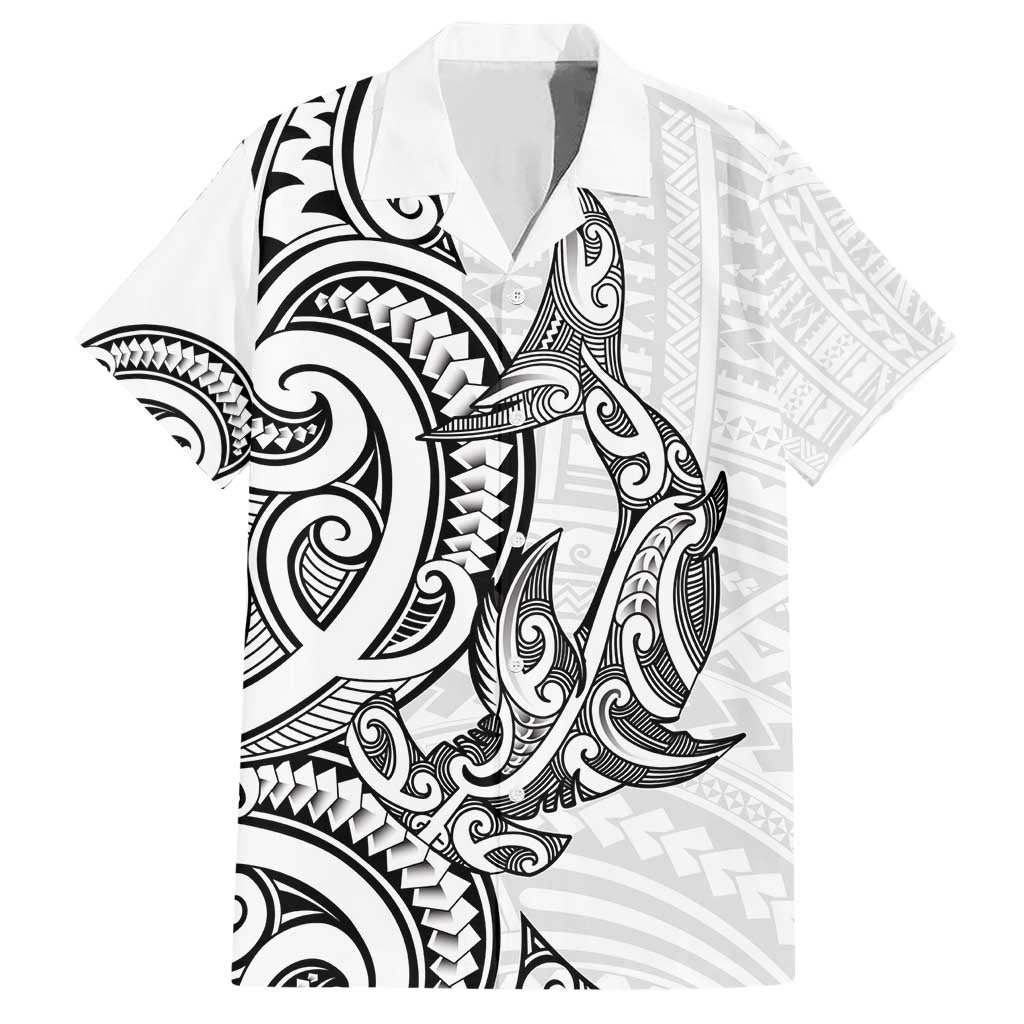 New Zealand Hammerhead Shark Family Matching Short Sleeve Bodycon Dress and Hawaiian Shirt Maori Haehae Mangopare White - Polynesian Pride
