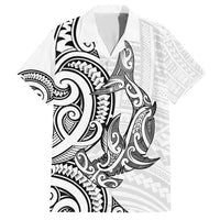 New Zealand Hammerhead Shark Family Matching Short Sleeve Bodycon Dress and Hawaiian Shirt Maori Haehae Mangopare White - Polynesian Pride