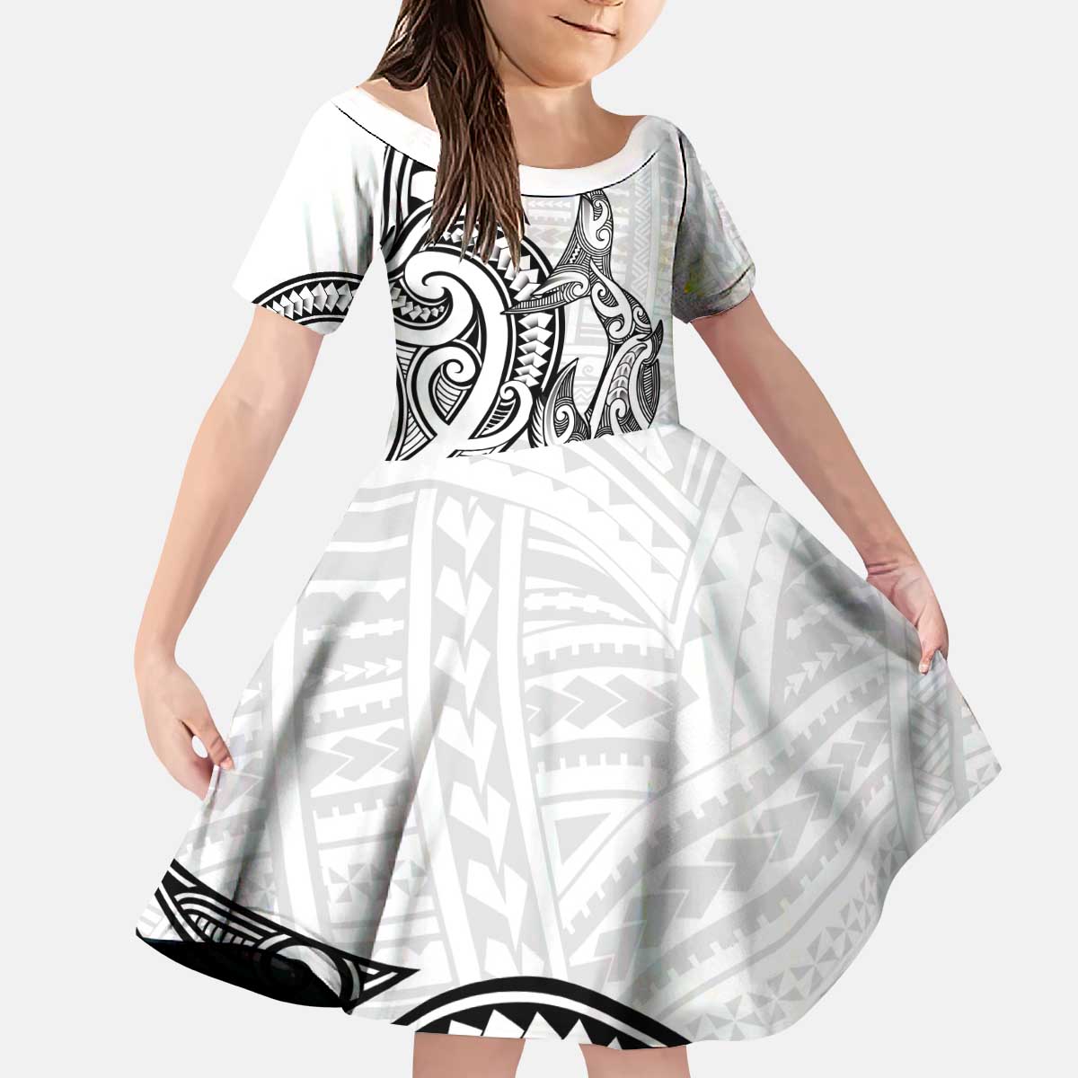 New Zealand Hammerhead Shark Kid Short Sleeve Dress Maori Haehae Mangopare White LT14 KID White - Polynesian Pride