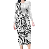 New Zealand Hammerhead Shark Long Sleeve Bodycon Dress Maori Haehae Mangopare White LT14 Long Dress White - Polynesian Pride