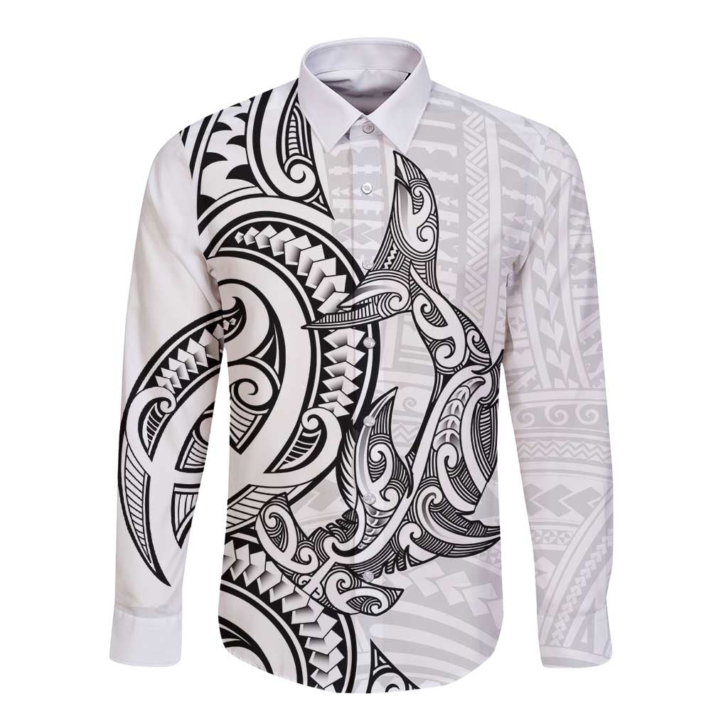 New Zealand Hammerhead Shark Long Sleeve Button Shirt Maori Haehae Mangopare White - Polynesian Pride