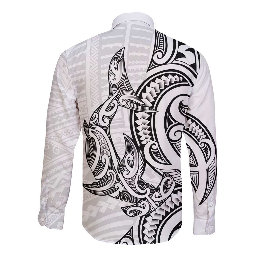 New Zealand Hammerhead Shark Long Sleeve Button Shirt Maori Haehae Mangopare White - Polynesian Pride