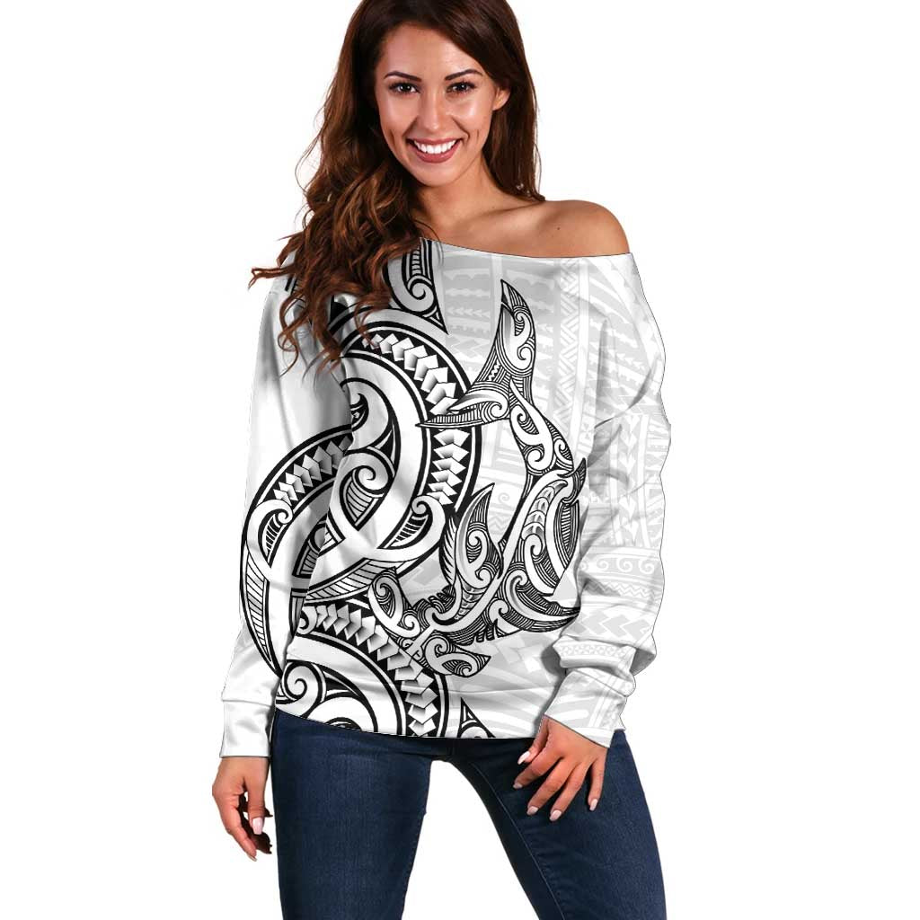 New Zealand Hammerhead Shark Off Shoulder Sweater Maori Haehae Mangopare White - Polynesian Pride