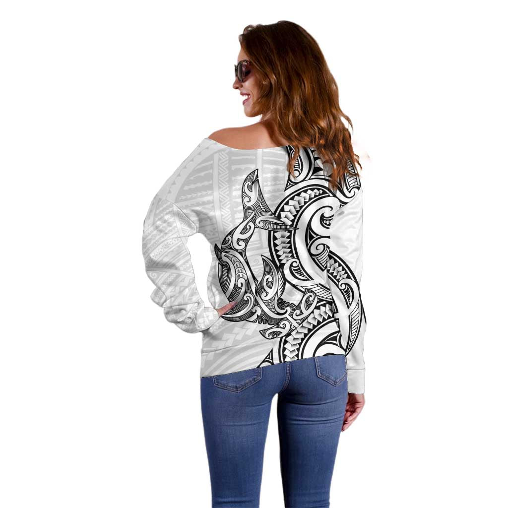 New Zealand Hammerhead Shark Off Shoulder Sweater Maori Haehae Mangopare White - Polynesian Pride