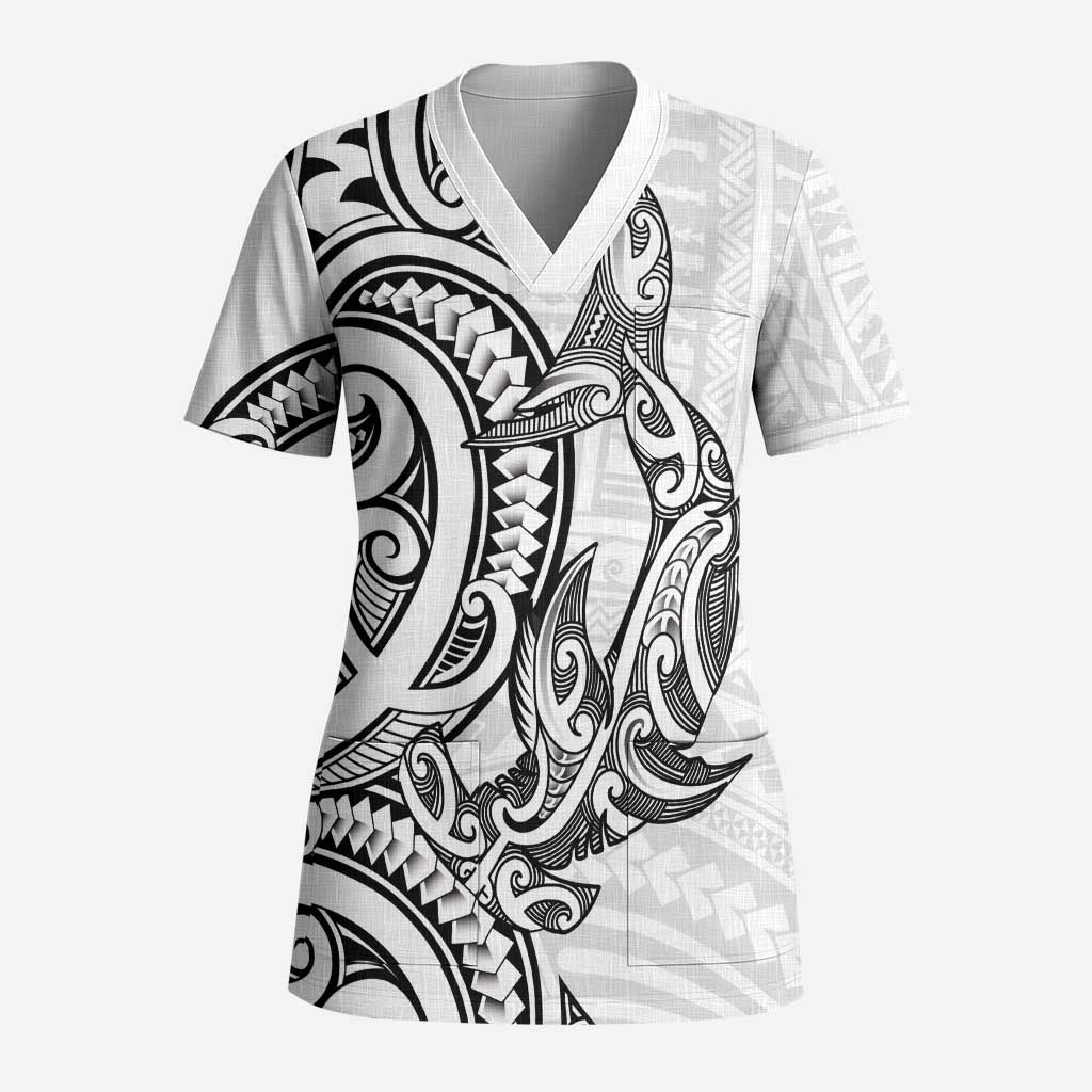 New Zealand Hammerhead Shark Scrub Top Maori Haehae Mangopare White - Polynesian Pride