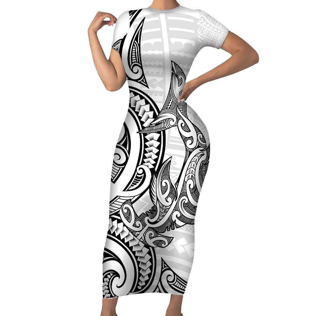 New Zealand Hammerhead Shark Short Sleeve Bodycon Dress Maori Haehae Mangopare White LT14 Long Dress White - Polynesian Pride