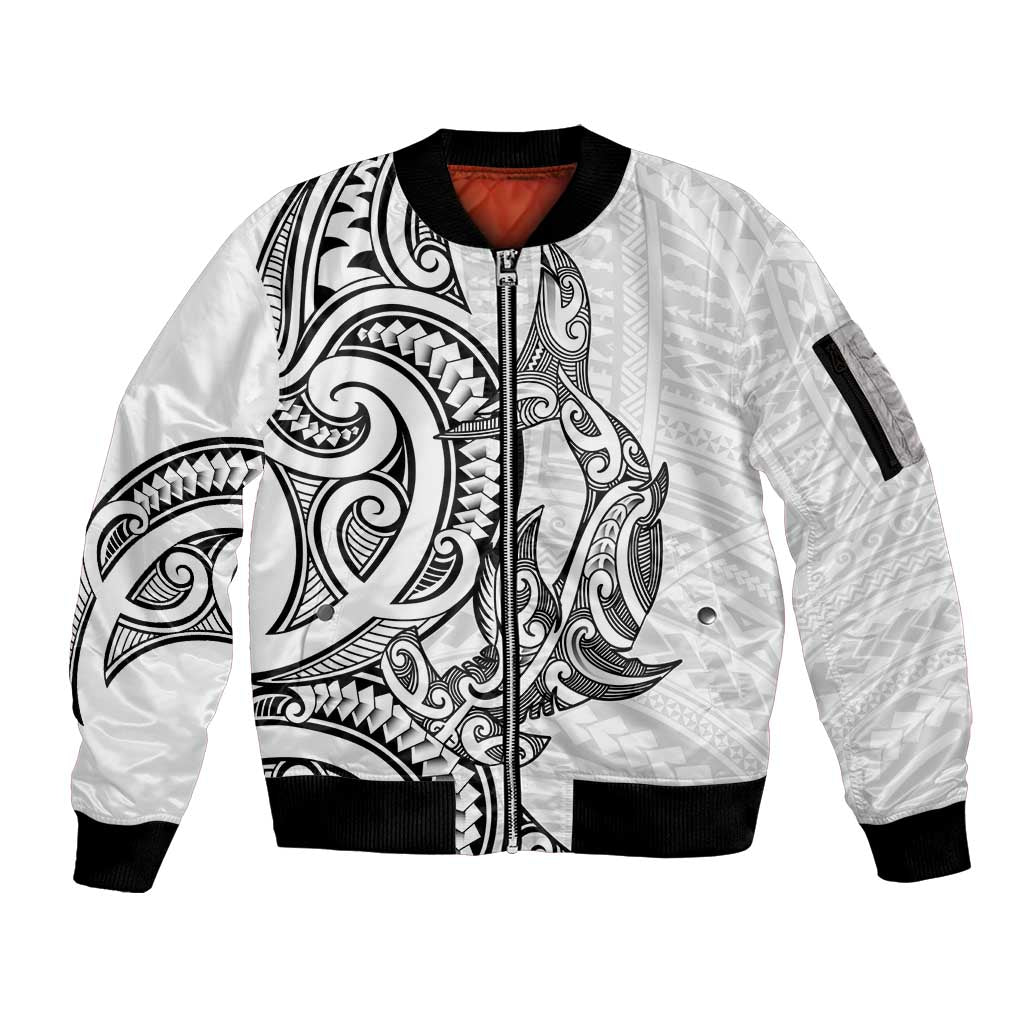 New Zealand Hammerhead Shark Sleeve Zip Bomber Jacket Maori Haehae Mangopare White - Polynesian Pride