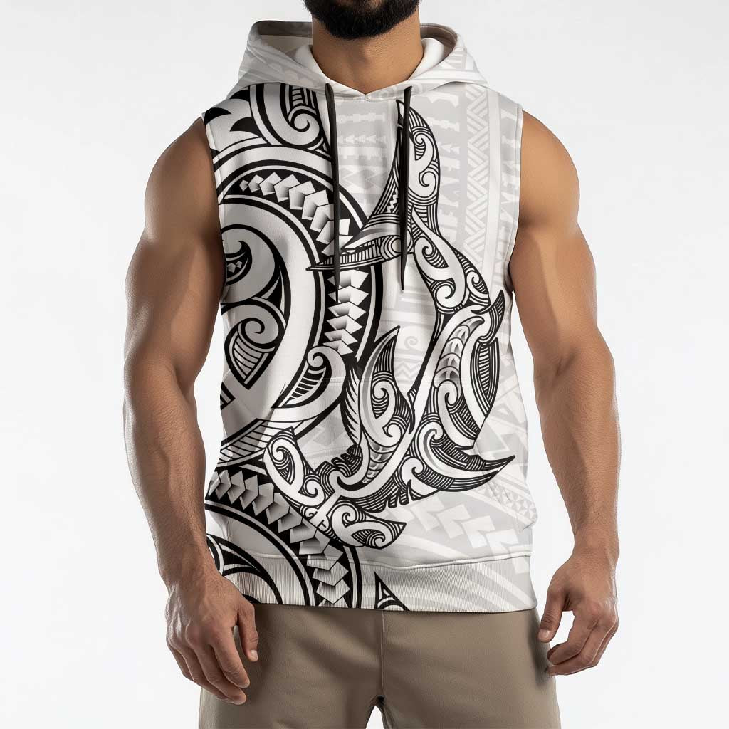 New Zealand Hammerhead Shark Sleeveless Hoodie Maori Haehae Mangopare White - Polynesian Pride