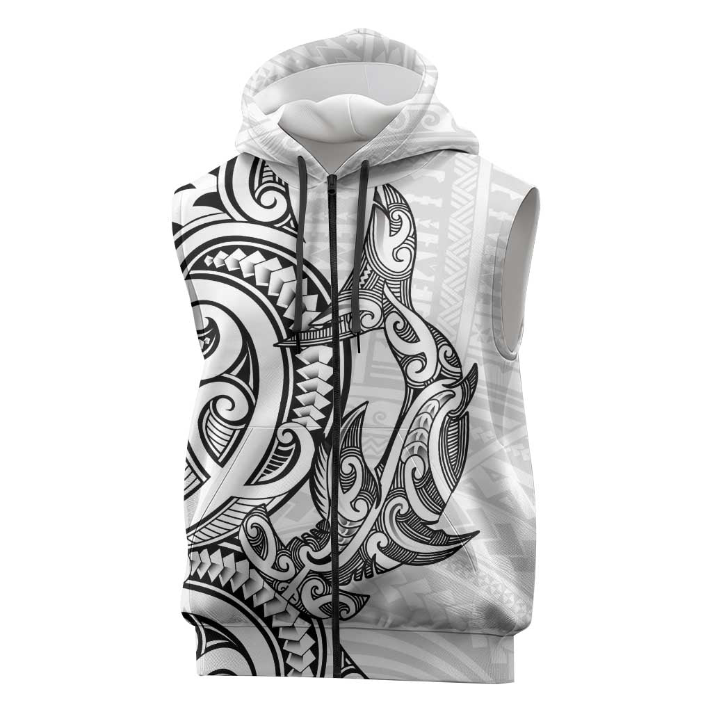 New Zealand Hammerhead Shark Sleeveless Zip Hoodie Maori Haehae Mangopare White LT14 White - Polynesian Pride