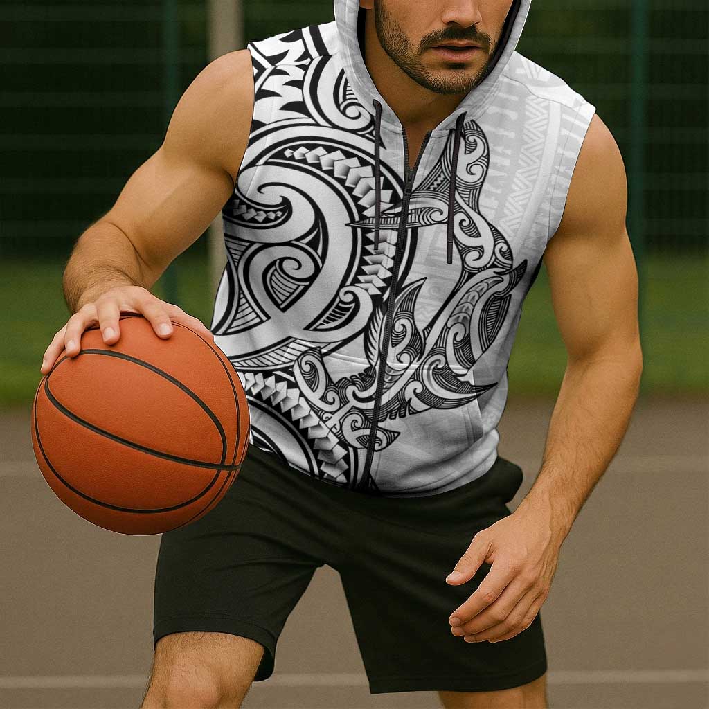 New Zealand Hammerhead Shark Sleeveless Zip Hoodie Maori Haehae Mangopare White LT14 - Polynesian Pride