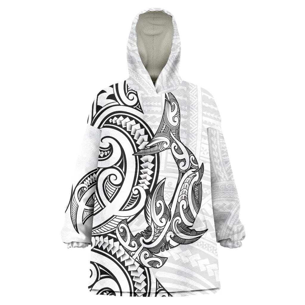 New Zealand Hammerhead Shark Wearable Blanket Hoodie Maori Haehae Mangopare White LT14 One Size White - Polynesian Pride
