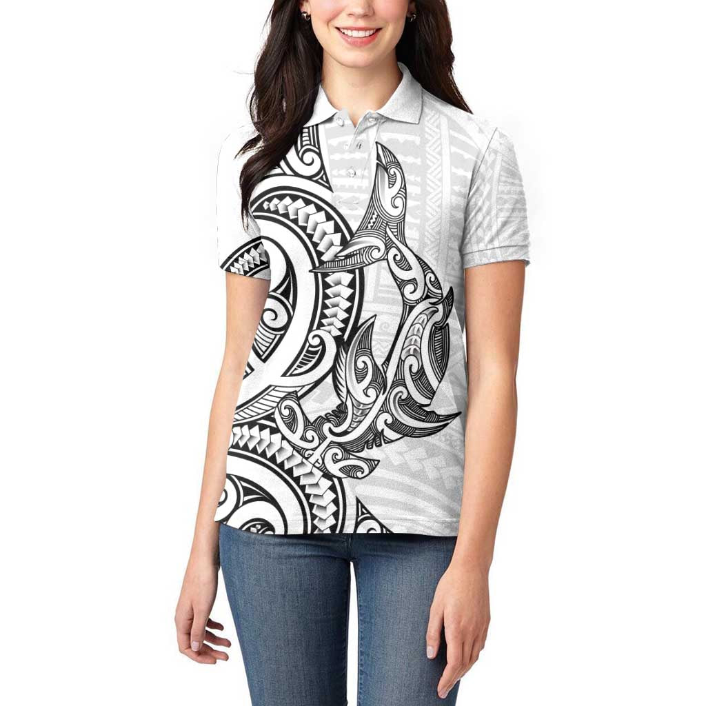 New Zealand Hammerhead Shark Women Polo Shirt Maori Haehae Mangopare White - Polynesian Pride