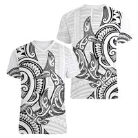 New Zealand Hammerhead Shark Women V-Neck T-Shirt Maori Haehae Mangopare White - Polynesian Pride