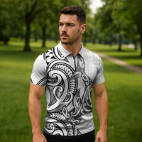 New Zealand Hammerhead Shark Zipper Polo Shirt Maori Haehae Mangopare White - Polynesian Pride