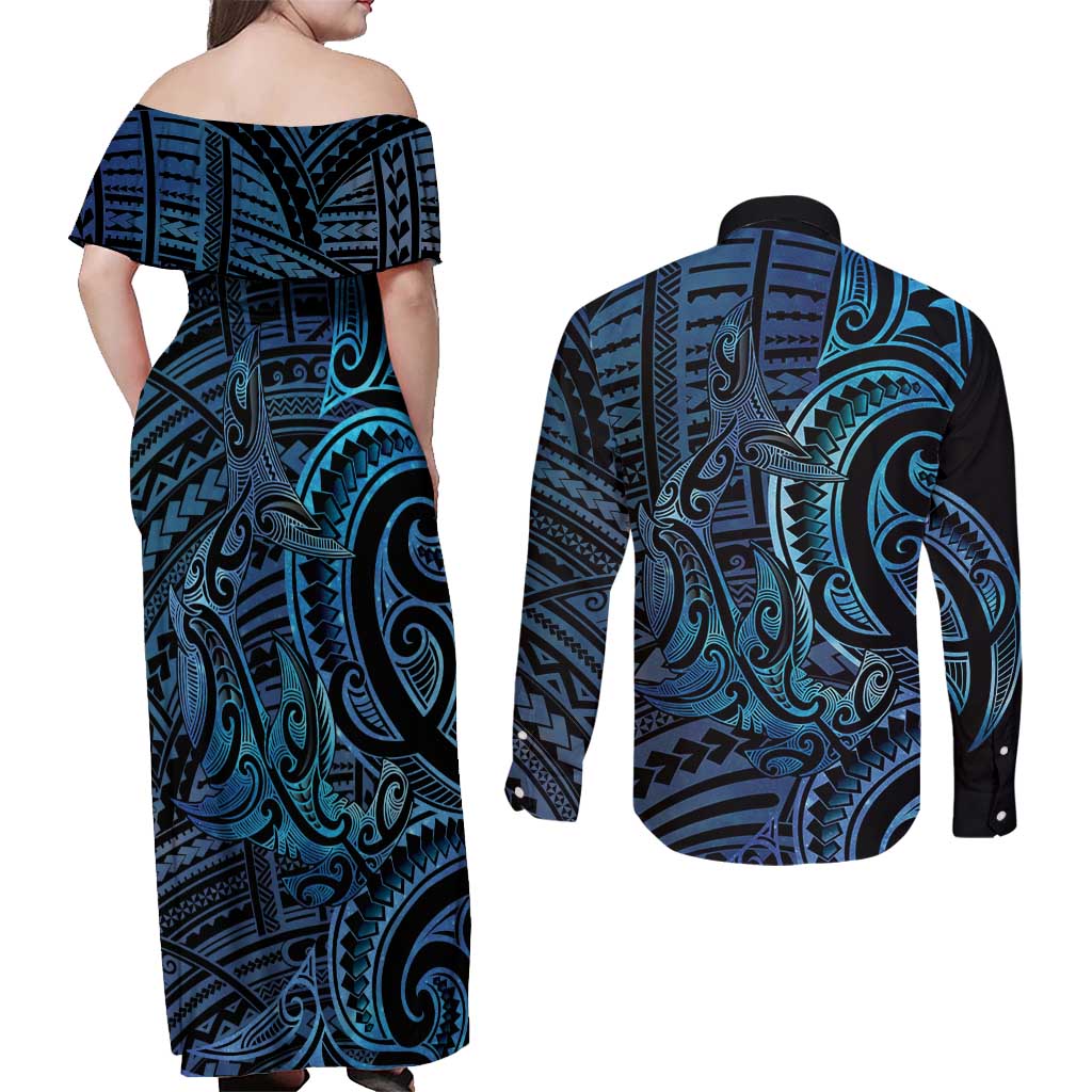 New Zealand Hammerhead Shark Couples Matching Off Shoulder Maxi Dress and Long Sleeve Button Shirt Maori Haehae Mangopare Galaxy - Polynesian Pride