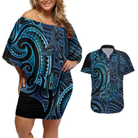 New Zealand Hammerhead Shark Couples Matching Off Shoulder Short Dress and Hawaiian Shirt Maori Haehae Mangopare Galaxy - Polynesian Pride