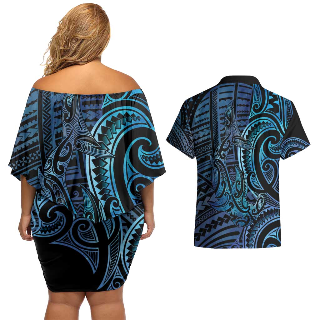 New Zealand Hammerhead Shark Couples Matching Off Shoulder Short Dress and Hawaiian Shirt Maori Haehae Mangopare Galaxy - Polynesian Pride