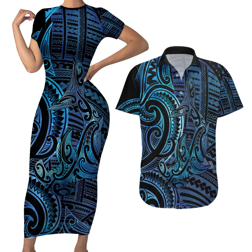 New Zealand Hammerhead Shark Couples Matching Short Sleeve Bodycon Dress and Hawaiian Shirt Maori Haehae Mangopare Galaxy - Polynesian Pride