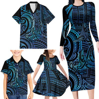 New Zealand Hammerhead Shark Family Matching Long Sleeve Bodycon Dress and Hawaiian Shirt Maori Haehae Mangopare Galaxy - Polynesian Pride
