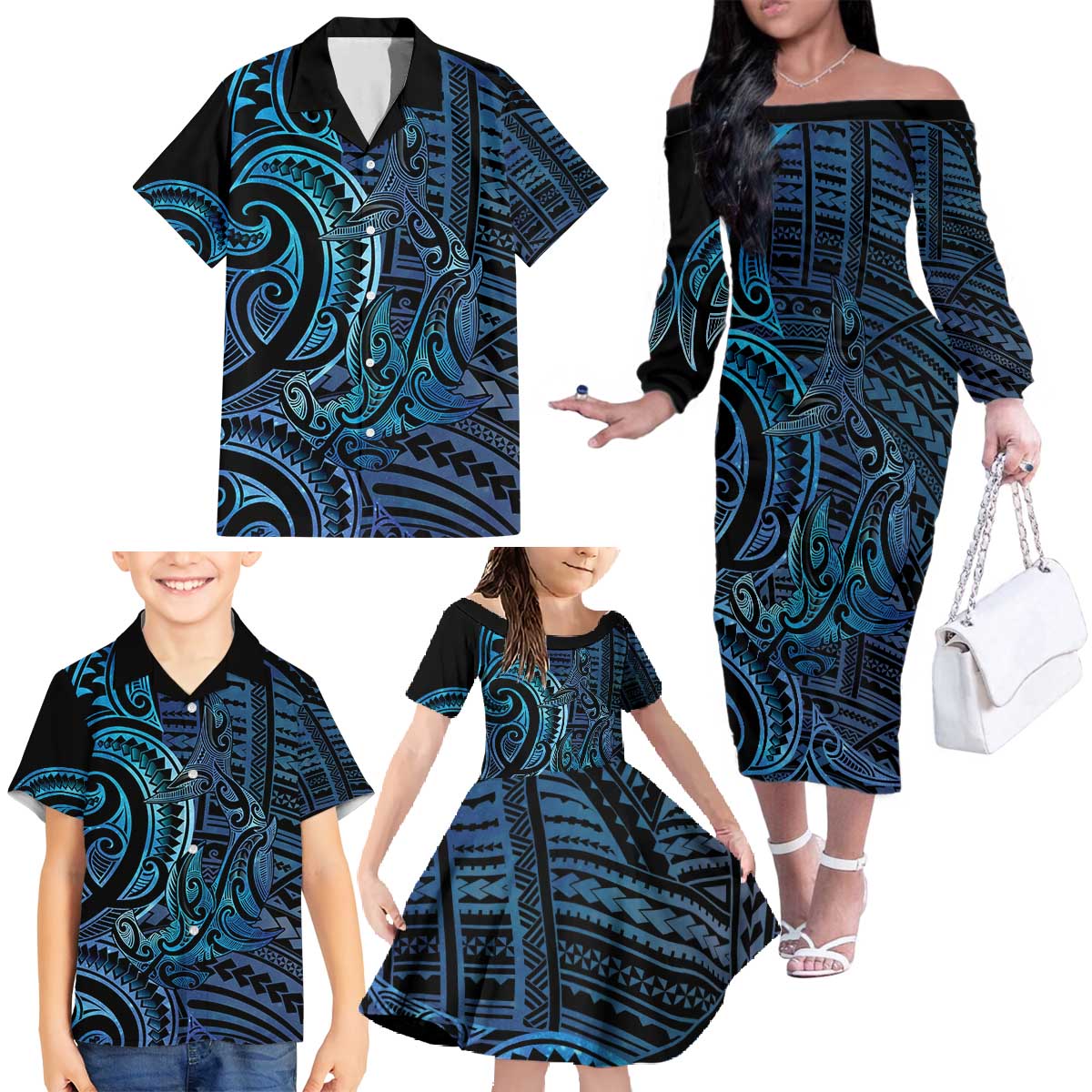 New Zealand Hammerhead Shark Family Matching Off The Shoulder Long Sleeve Dress and Hawaiian Shirt Maori Haehae Mangopare Galaxy - Polynesian Pride
