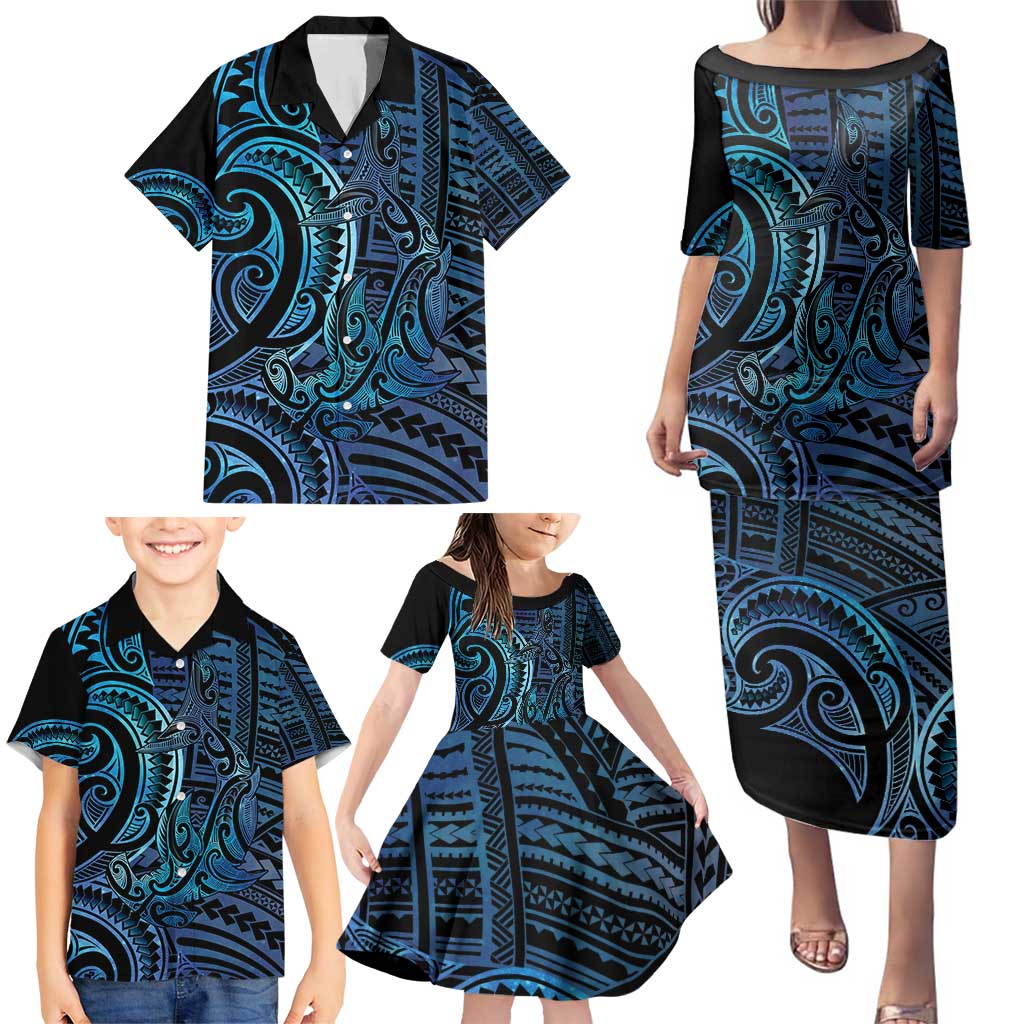 New Zealand Hammerhead Shark Family Matching Puletasi and Hawaiian Shirt Maori Haehae Mangopare Galaxy - Polynesian Pride