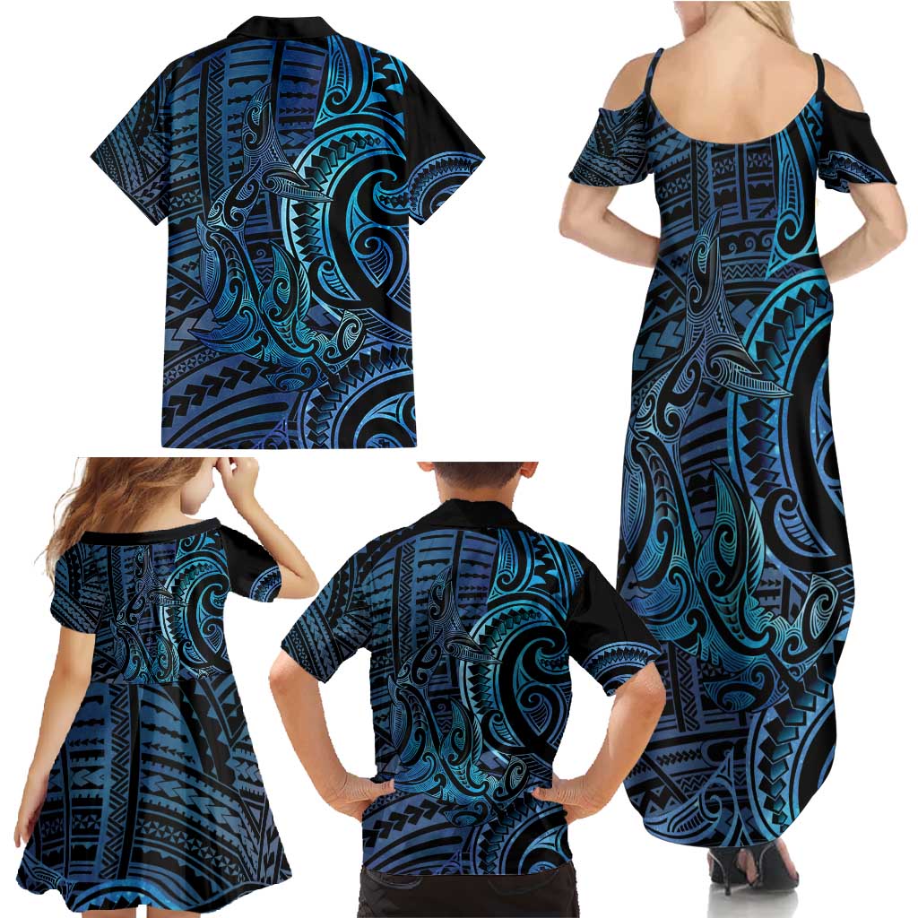 New Zealand Hammerhead Shark Family Matching Summer Maxi Dress and Hawaiian Shirt Maori Haehae Mangopare Galaxy - Polynesian Pride
