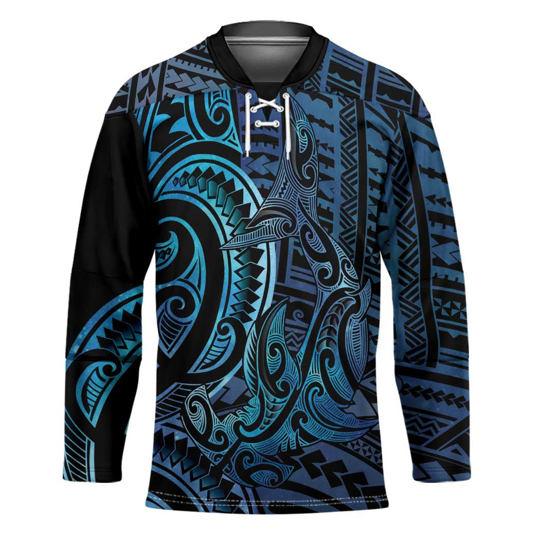 New Zealand Hammerhead Shark Hockey Jersey Maori Haehae Mangopare Galaxy LT14 Unisex Blue - Polynesian Pride