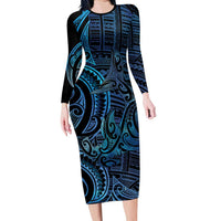 New Zealand Hammerhead Shark Long Sleeve Bodycon Dress Maori Haehae Mangopare Galaxy LT14 Long Dress Blue - Polynesian Pride