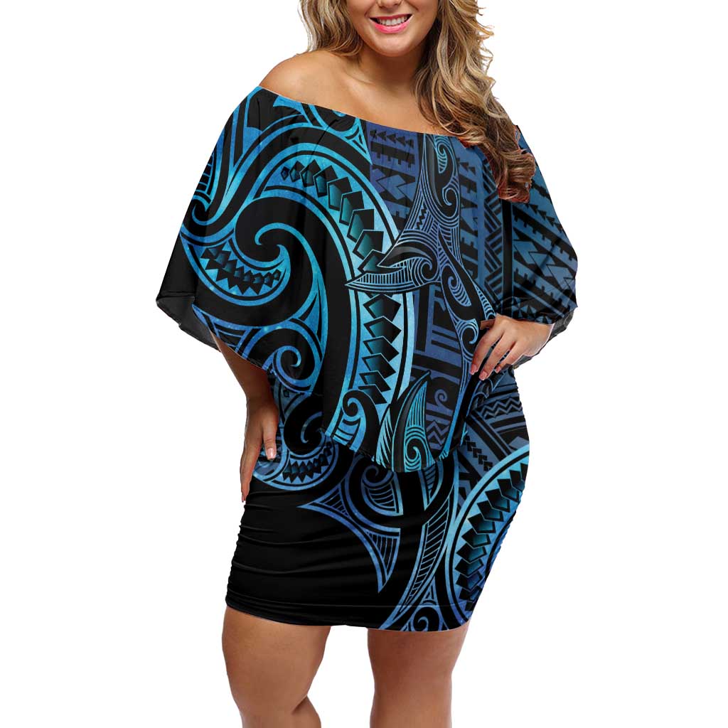 New Zealand Hammerhead Shark Off Shoulder Short Dress Maori Haehae Mangopare Galaxy - Polynesian Pride