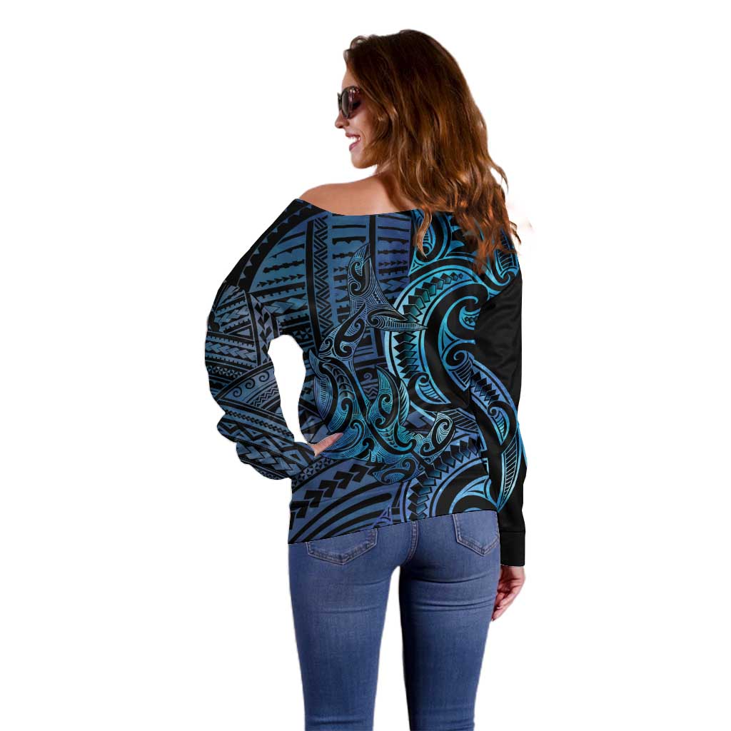 New Zealand Hammerhead Shark Off Shoulder Sweater Maori Haehae Mangopare Galaxy - Polynesian Pride
