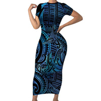 New Zealand Hammerhead Shark Short Sleeve Bodycon Dress Maori Haehae Mangopare Galaxy LT14 Long Dress Blue - Polynesian Pride