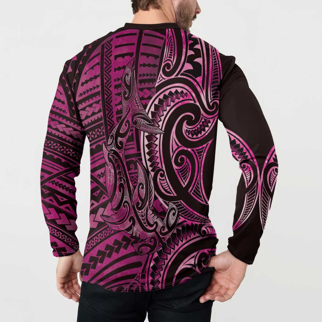 New Zealand Hammerhead Shark Button Sweatshirt Maori Haehae Mangopare Pink - Polynesian Pride