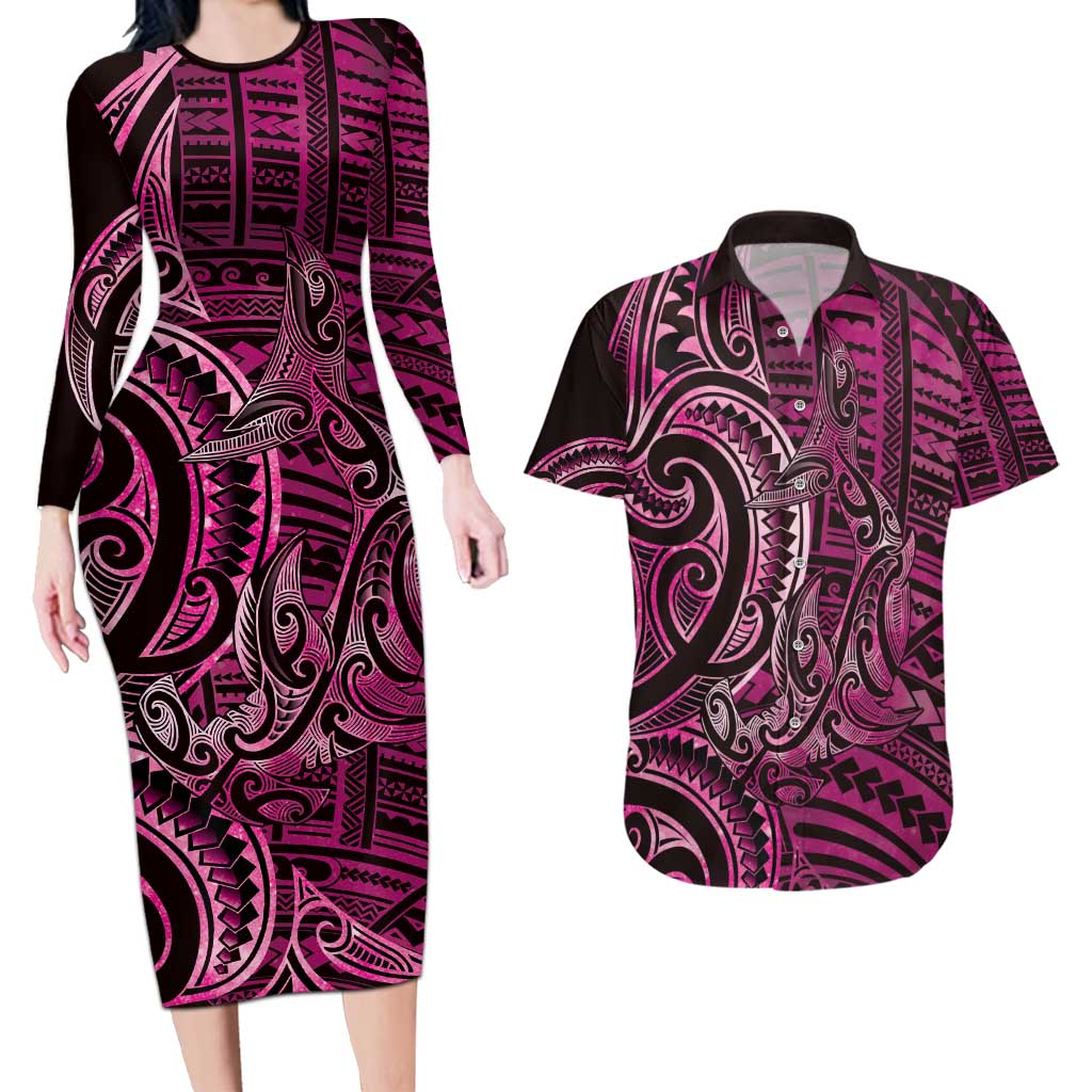 New Zealand Hammerhead Shark Couples Matching Long Sleeve Bodycon Dress and Hawaiian Shirt Maori Haehae Mangopare Pink - Polynesian Pride
