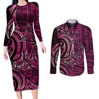 New Zealand Hammerhead Shark Couples Matching Long Sleeve Bodycon Dress and Long Sleeve Button Shirt Maori Haehae Mangopare Pink - Polynesian Pride