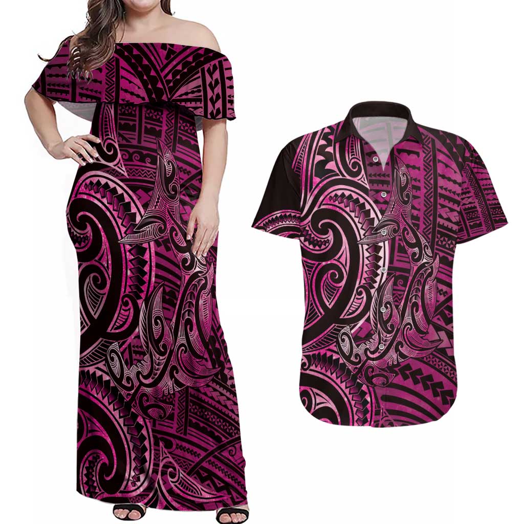 New Zealand Hammerhead Shark Couples Matching Off Shoulder Maxi Dress and Hawaiian Shirt Maori Haehae Mangopare Pink - Polynesian Pride