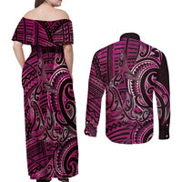 New Zealand Hammerhead Shark Couples Matching Off Shoulder Maxi Dress and Long Sleeve Button Shirt Maori Haehae Mangopare Pink - Polynesian Pride