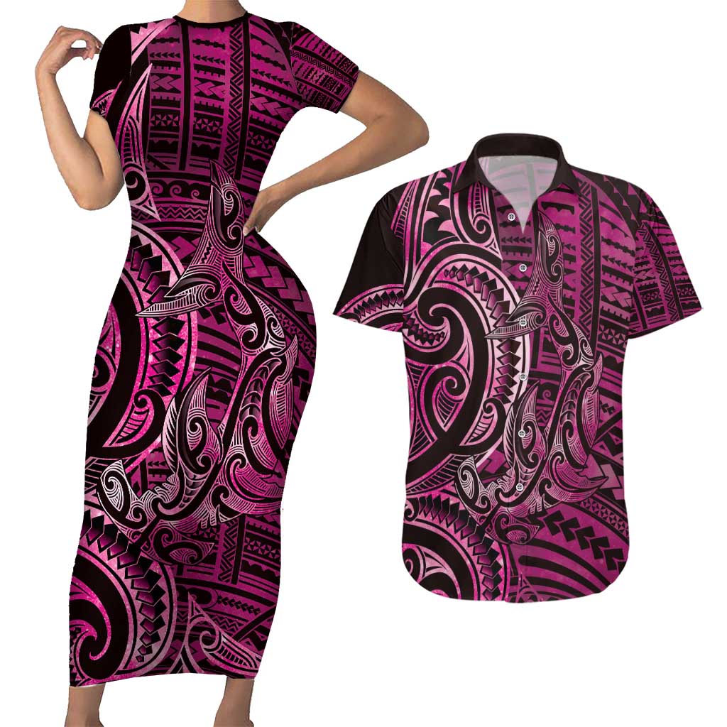 New Zealand Hammerhead Shark Couples Matching Short Sleeve Bodycon Dress and Hawaiian Shirt Maori Haehae Mangopare Pink - Polynesian Pride